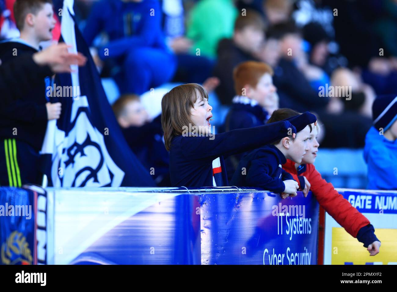 15. April 2023; Dens Park, Dundee, Schottland: Scottish Championship Football, Dundee gegen Greenock Morton; Dundee-Fans Stockfoto