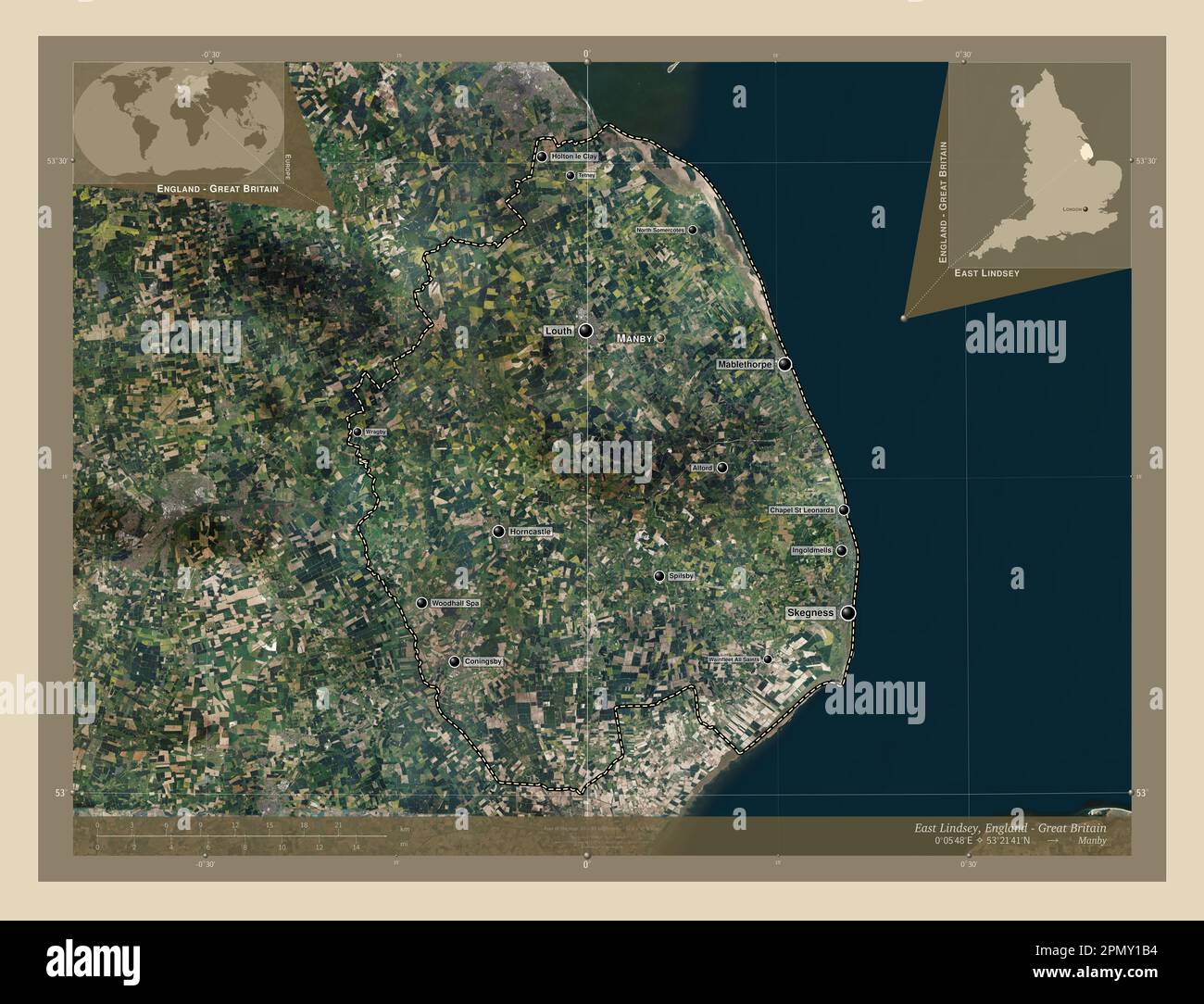 East Lindsey, nicht-Großstadtbezirk von England - Großbritannien. Hochauflösende Satellitenkarte. Standorte und Namen der wichtigsten Städte der Region. Stockfoto