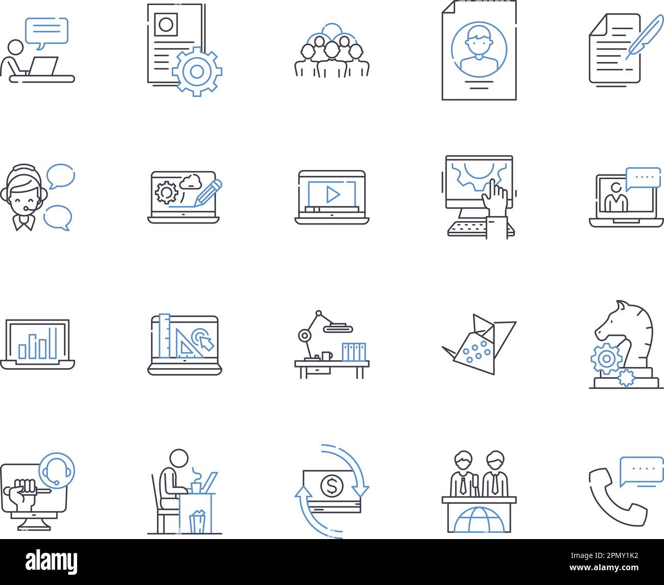 Symbolsammlung für Workshop- und Konferenzumrisse. Workshop, Konferenz, Schulung, Entwicklung, Lernen, Bildung, Qualifikationsvektor und Illustration Stock Vektor