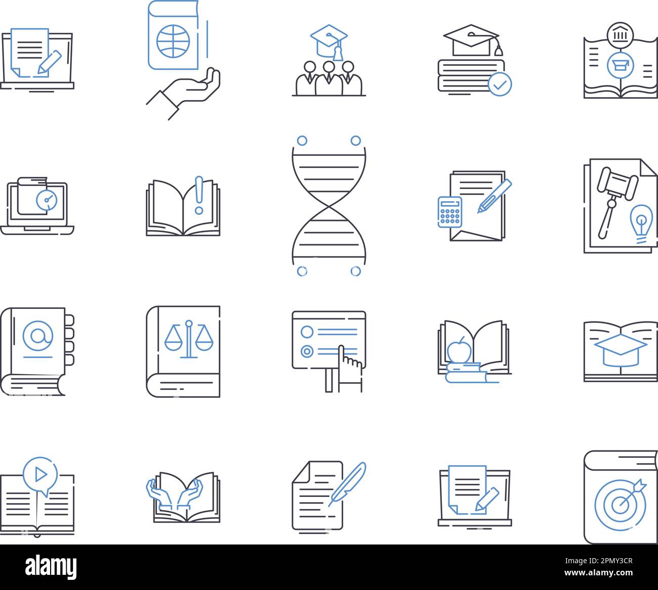 Buch- und Wissenschaftskollektion mit Symbolen. Buch, Wissenschaft, Lesen, Schreiben, Literatur, Verlauf, Veröffentlichungsvektor und Zeichnungskonzept Stock Vektor