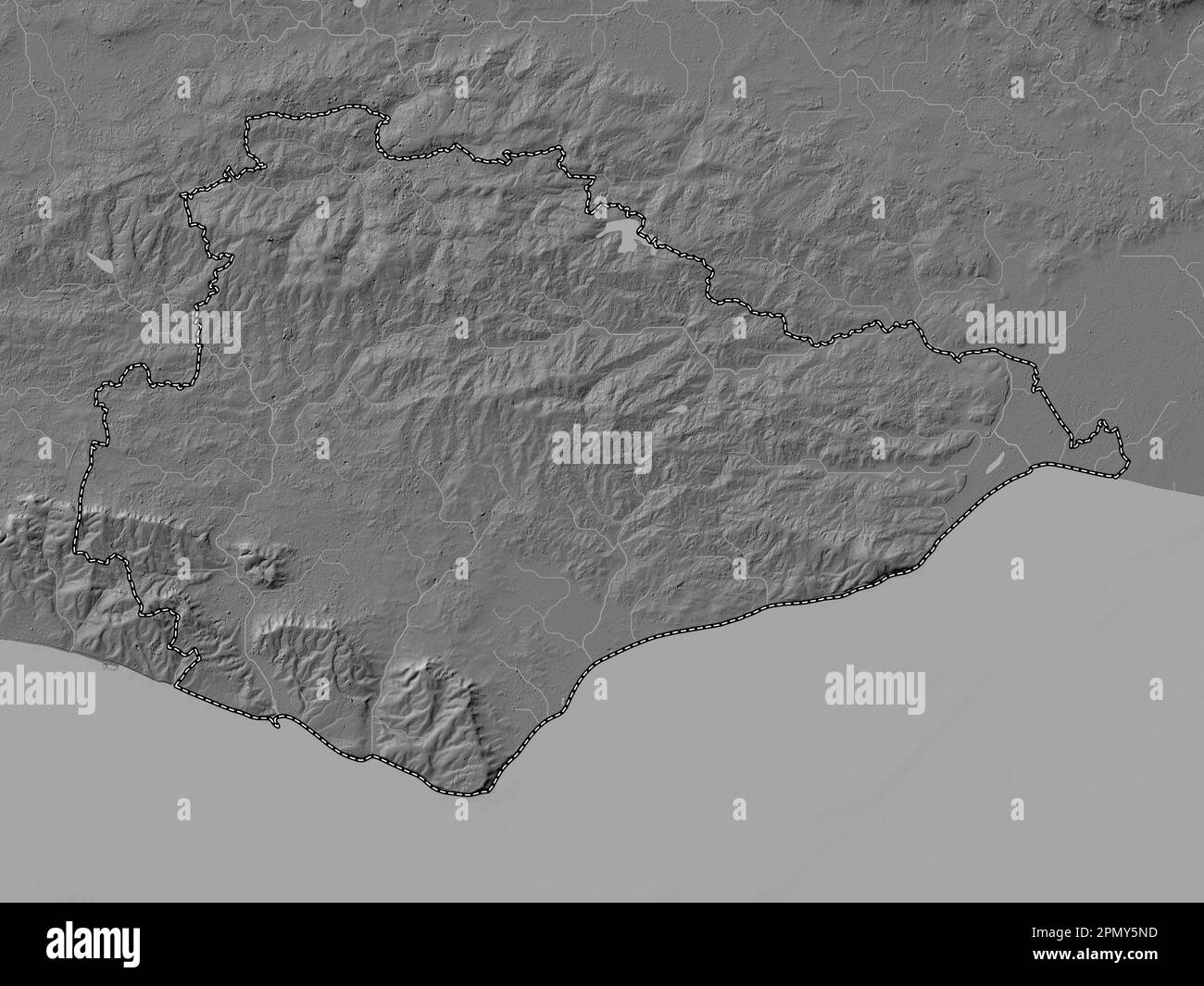 East Sussex, Verwaltungsbezirk England - Großbritannien. Bilevel-Höhenkarte mit Seen und Flüssen Stockfoto