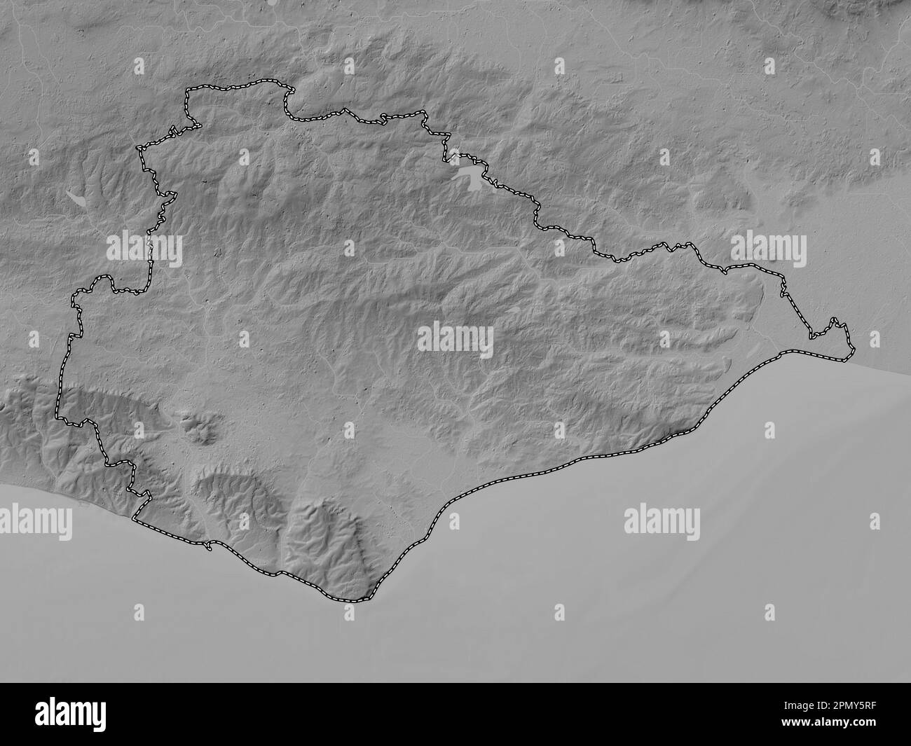 East Sussex, Verwaltungsbezirk England - Großbritannien. Grauskala-Höhenkarte mit Seen und Flüssen Stockfoto