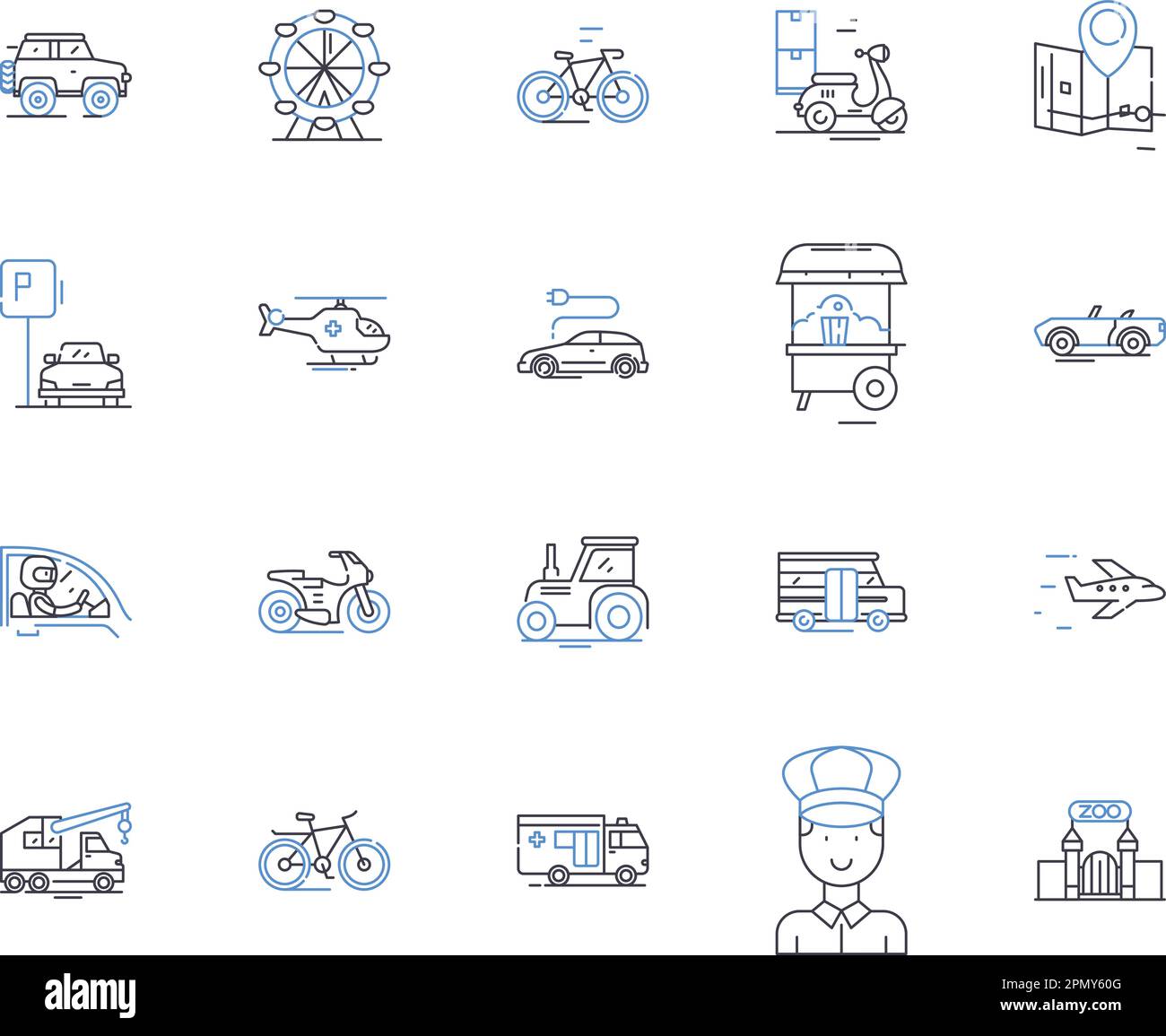 Symbolsammlung für Transport und Tour. Transport, Tour, Reise, Bus, Taxi, Konzeptset Auto, Schienenvektor und Illustration. Flug, Fluggesellschaft, Kreuzfahrt Stock Vektor