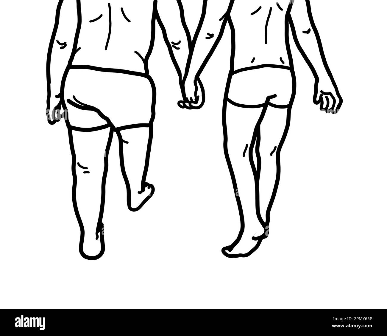 Zwei junge schwule Männer, die in Badehosen laufen und sich die Hände aneinander halten. Ich liebe den romantischen Urlaub im Sommerferienkonzept. Stockfoto