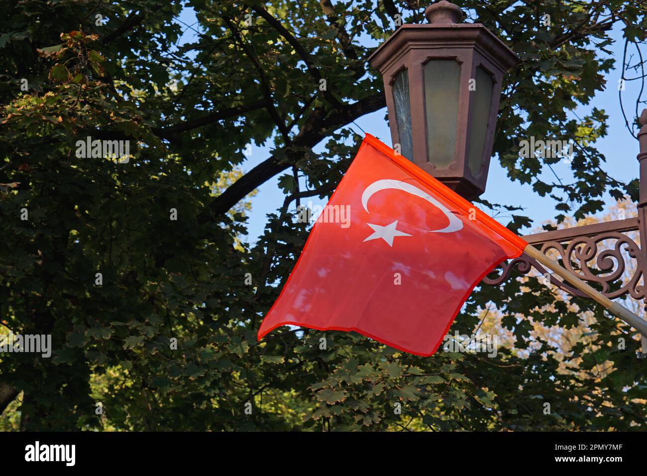 Türkische Staatsflagge mit Stern und Halbmond im Stadtpark Stockfoto