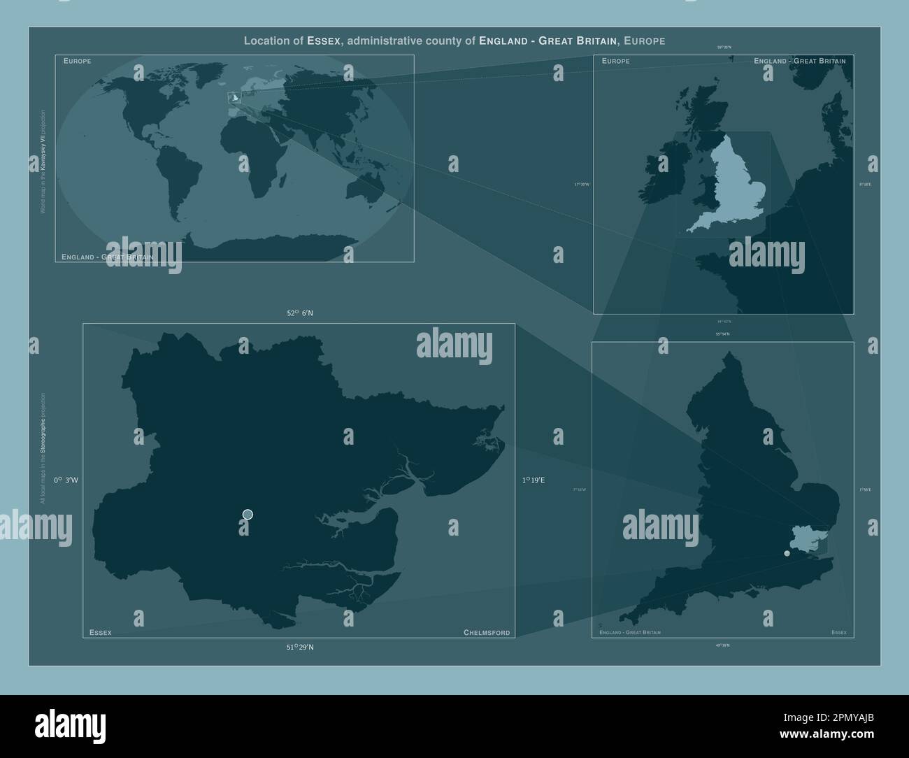 Essex, Verwaltungsbezirk England - Großbritannien. Diagramm, das die Position der Region auf Karten mit größerem Maßstab zeigt. Zusammensetzung von Vektorrahmen Stockfoto
