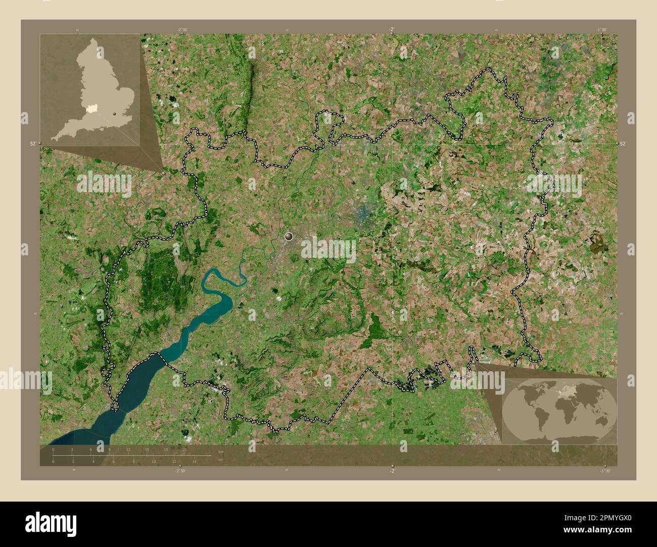 Gloucestershire, Verwaltungsbezirk England - Großbritannien. Hochauflösende Satellitenkarte. Eckkarten für zusätzliche Standorte Stockfoto