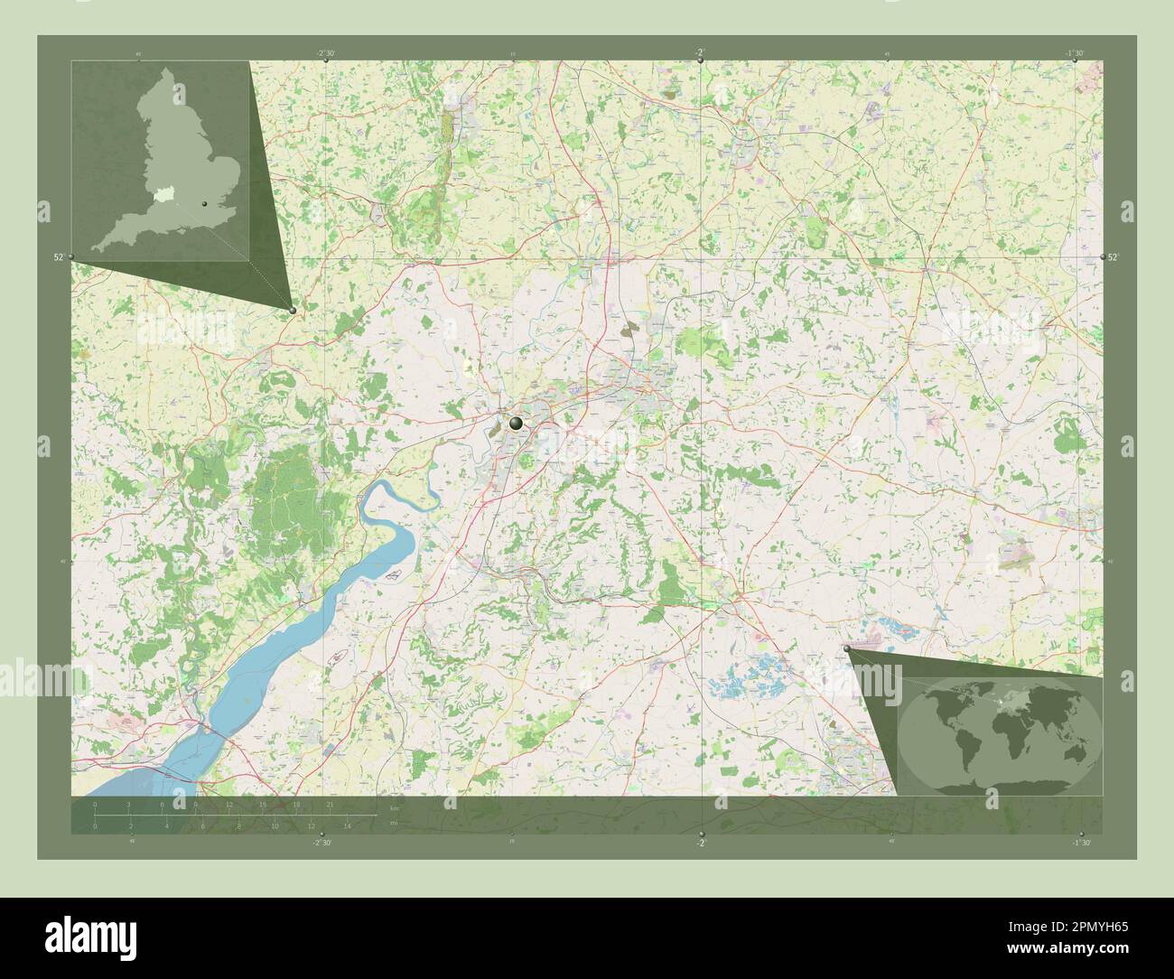 Gloucestershire, Verwaltungsbezirk England - Großbritannien. Straßenkarte Öffnen. Eckkarten für zusätzliche Standorte Stockfoto