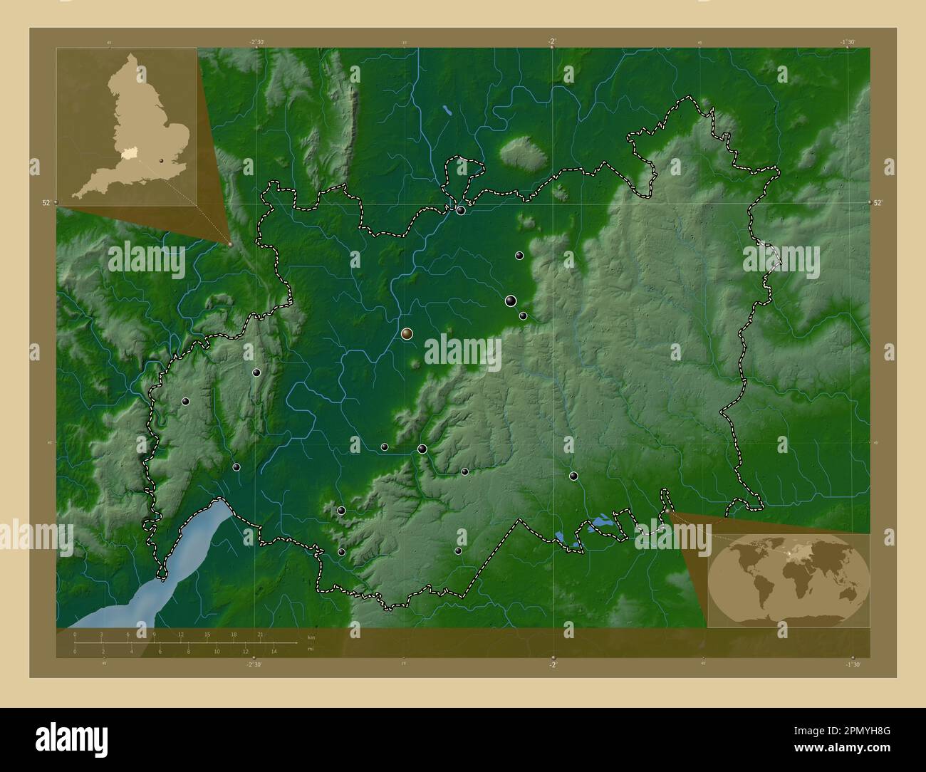 Gloucestershire, Verwaltungsbezirk England - Großbritannien. Farbige Höhenkarte mit Seen und Flüssen. Standorte der Großstädte des Regios Stockfoto
