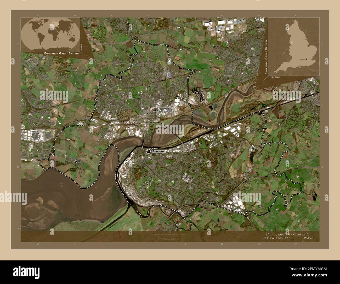Halton, eine Einheit Englands - Großbritanniens. Satellitenkarte mit niedriger Auflösung. Standorte und Namen der wichtigsten Städte der Region. Ecke zusatzgeräte Stockfoto