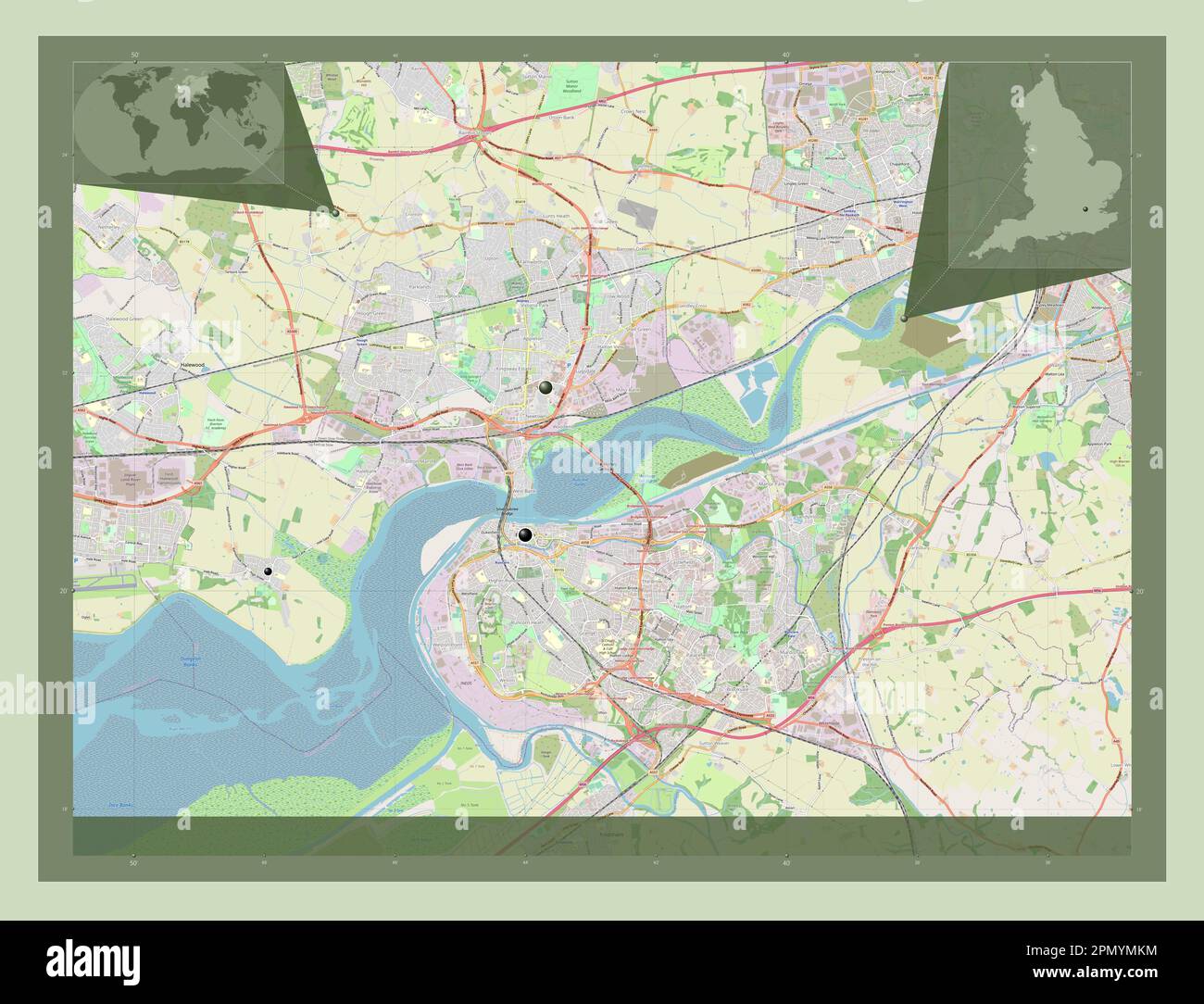 Halton, eine Einheit Englands - Großbritanniens. Straßenkarte Öffnen. Standorte der wichtigsten Städte der Region. Eckkarten für zusätzliche Standorte Stockfoto