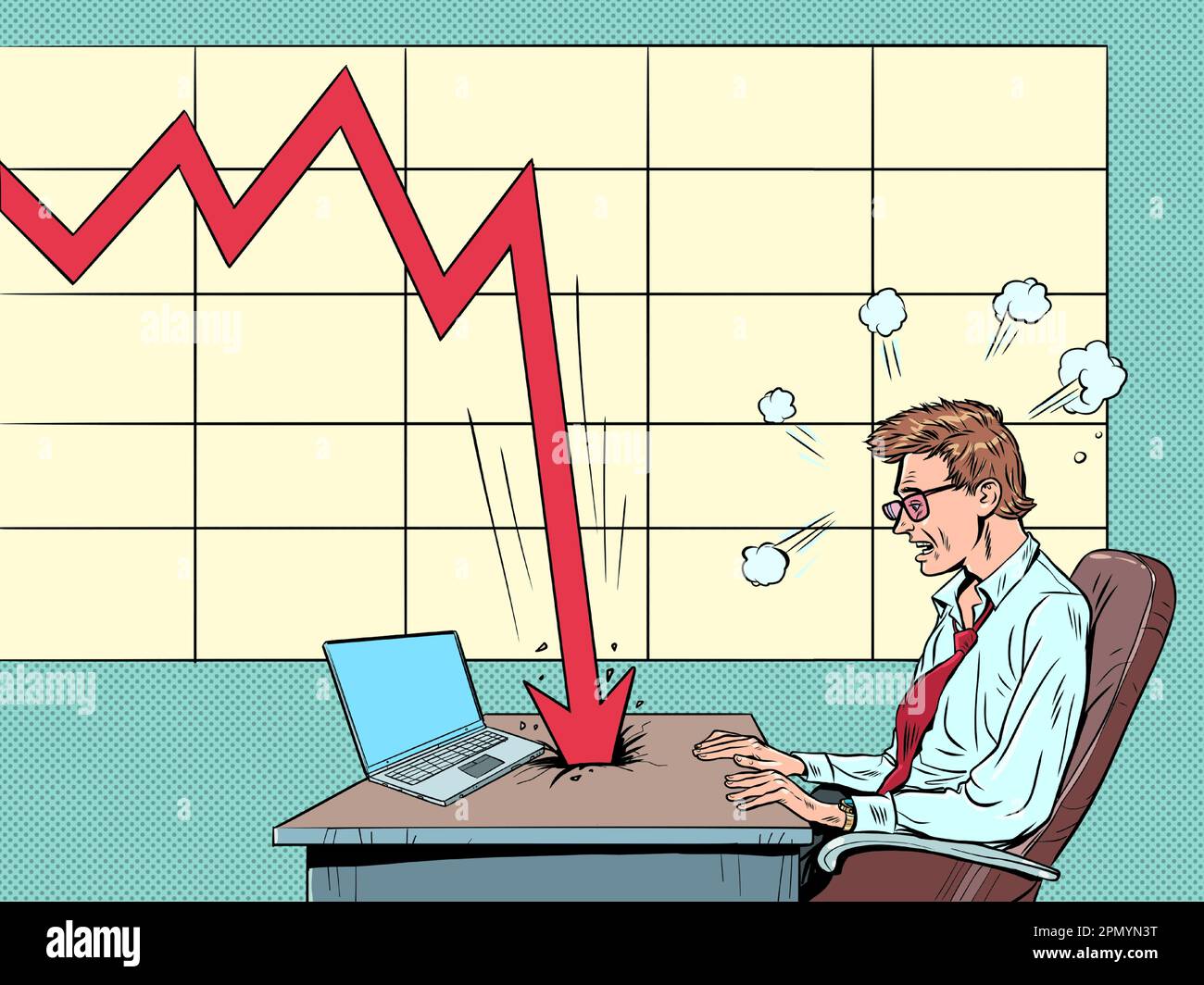 Die Krise verschlechtert die Leistung. Die rote Kurve fällt. Der Zusammenbruch von Preisen, Investitionen und Lagerbeständen. Der Mann am Laptop schaut auf die Stock Vektor