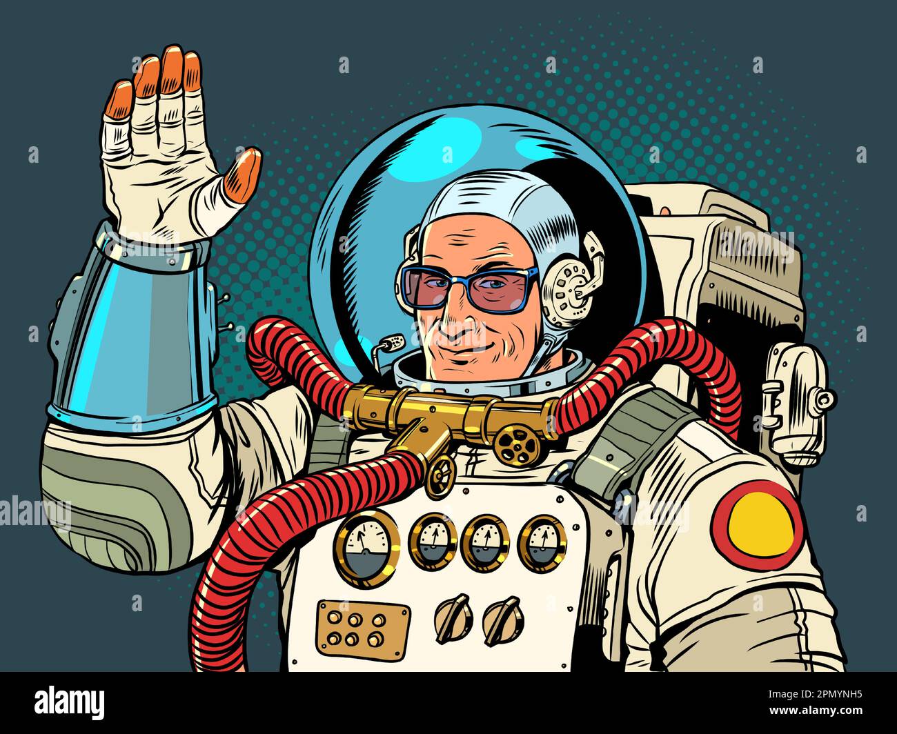 Hallo aus dem All. Der Astronaut mit Brille lächelt und winkt mit der Hand. Internationale Werbung. Pop Art Retro Stock Vektor