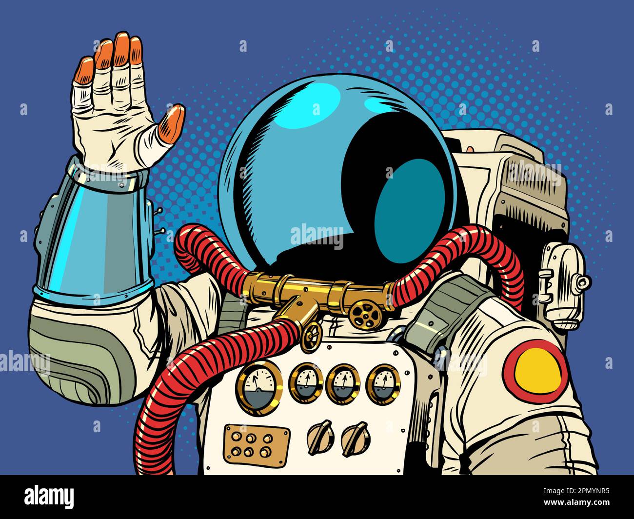 Die Weltraumforschung kommt näher. Der Astronaut winkt mit der Hand. Intergalaktischer Anzug in all seiner Pracht. Pop Art Retro Stock Vektor