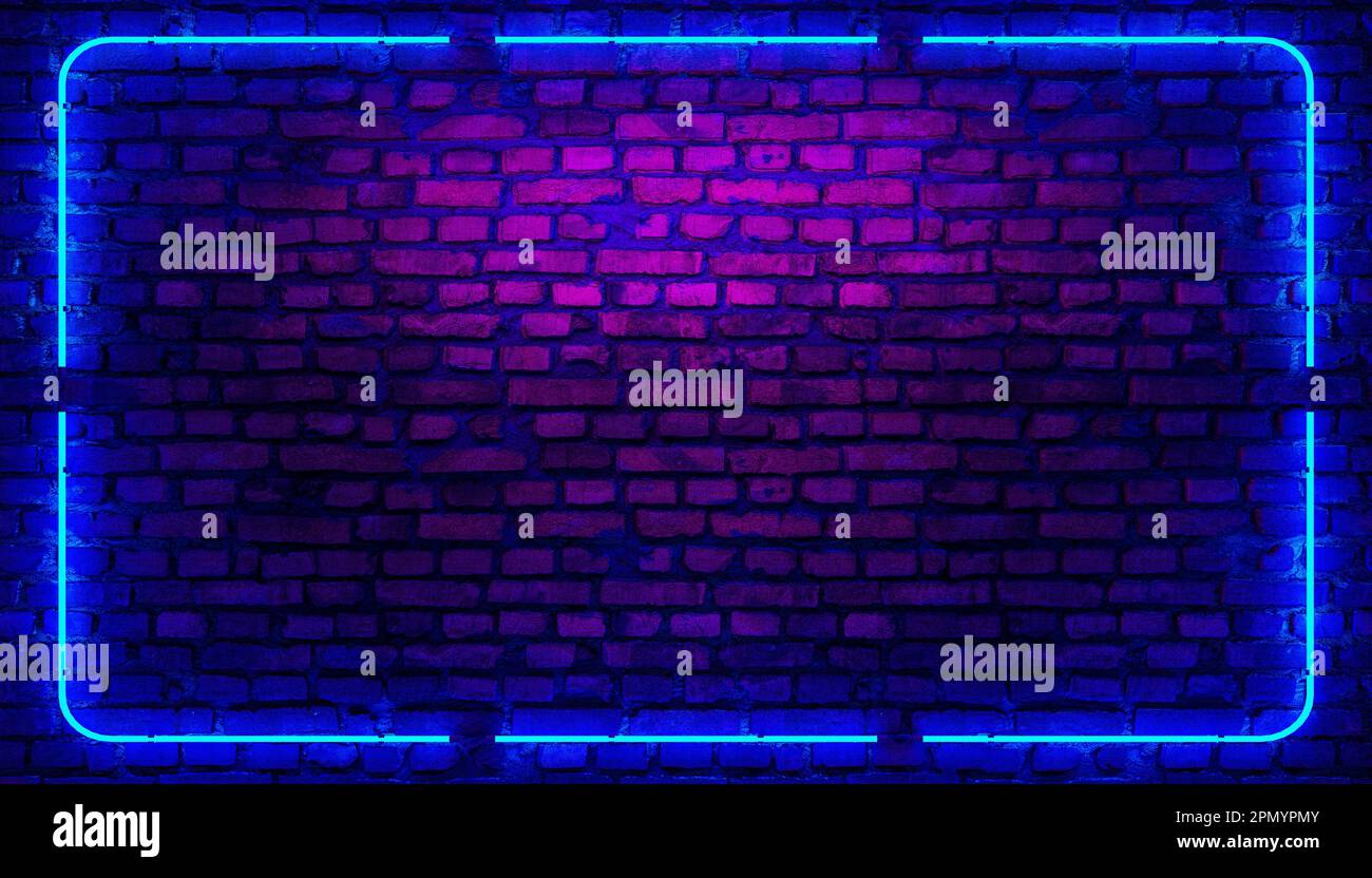 Backsteinwand, Hintergrund, Neonlicht-Rahmen. Neon-Zimmer. 3D-Rendering Stockfoto