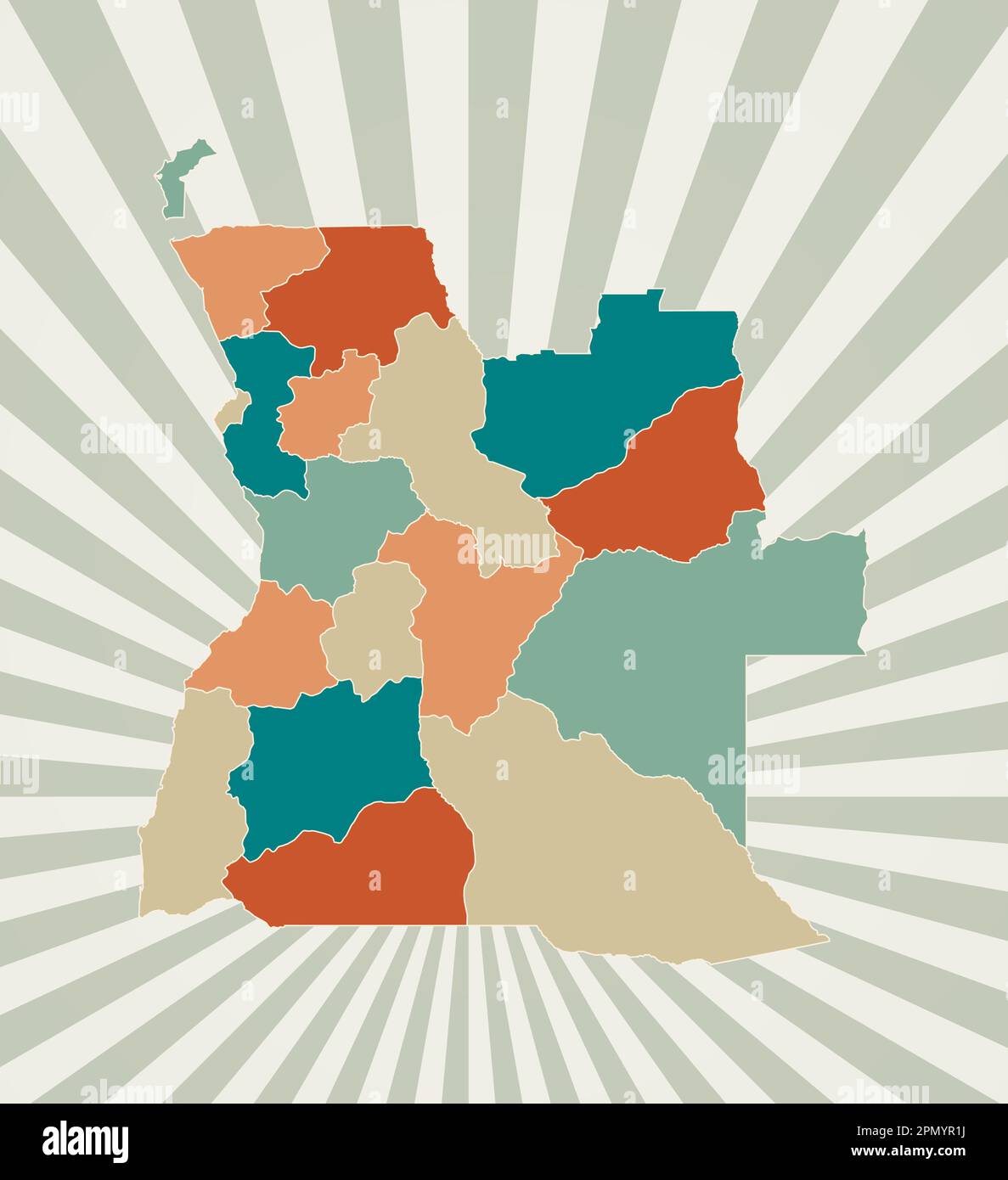 Angola-Karte. Poster mit Landkarte in Retro-Farbpalette. Angola-Form mit sonnenbestrahltem Hintergrund. Vektordarstellung. Stock Vektor