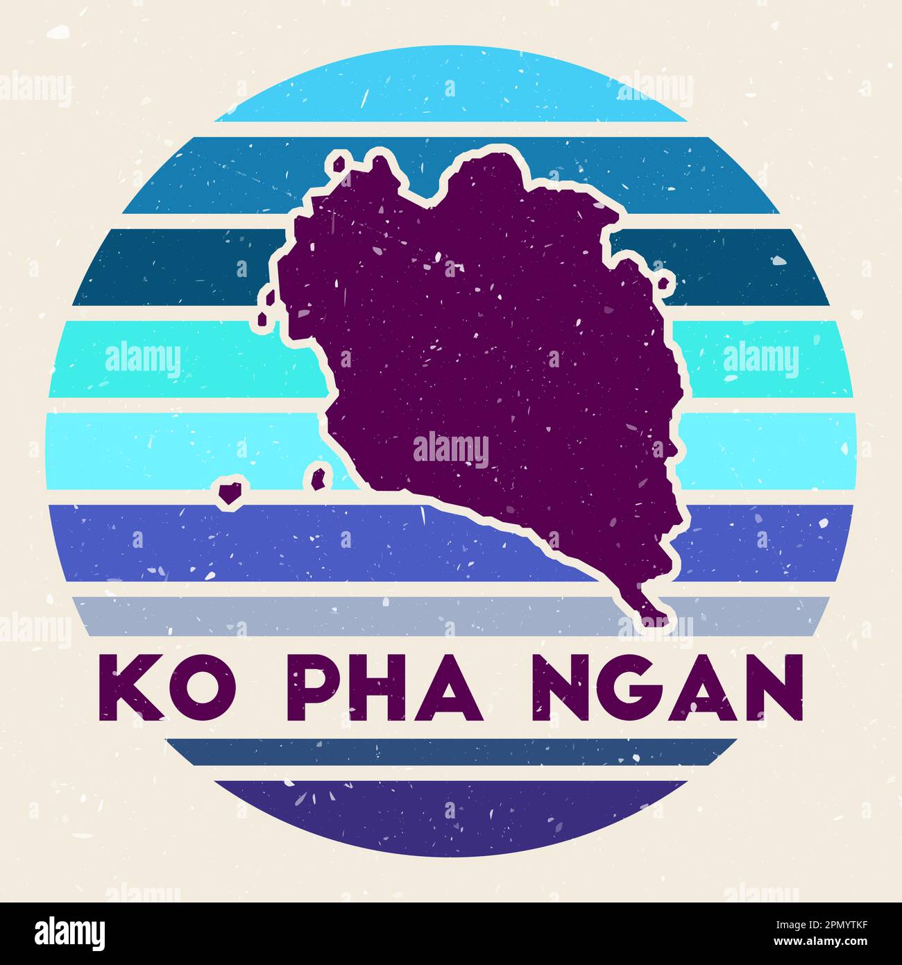 Logo von Ko Pha Ngan. Unterschreiben Sie mit der Karte der Insel und den farbigen Streifen, Vektordarstellung. Kann als Abzeichen, Firmenlogo, Label, Aufkleber oder Abzeichen von verwendet werden Stock Vektor