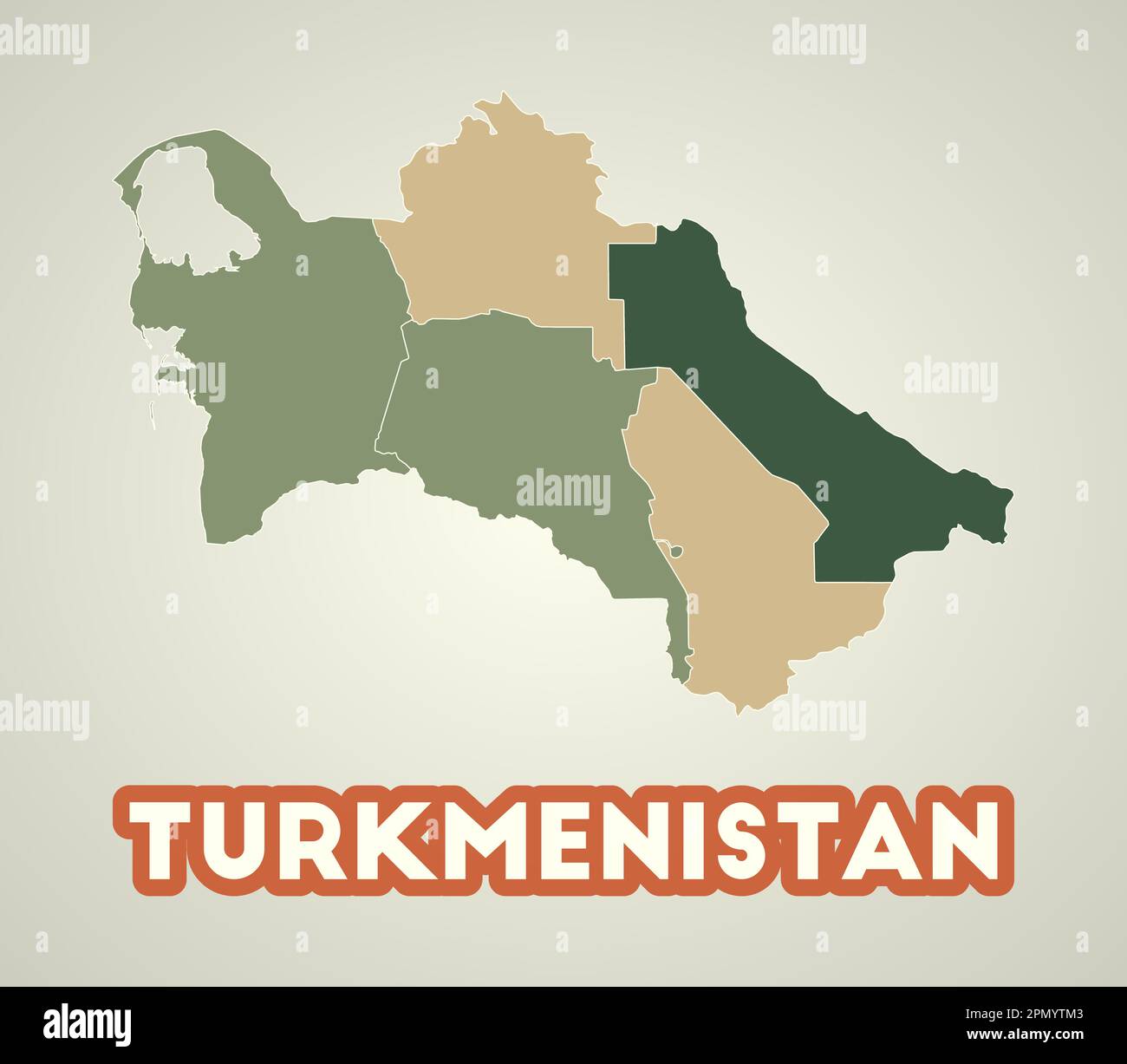 Turkmenistan-Poster im Retro-Stil. Landkarte mit Regionen in der Herbstfarbpalette. Form Turkmenistans mit Ländername. Stock Vektor