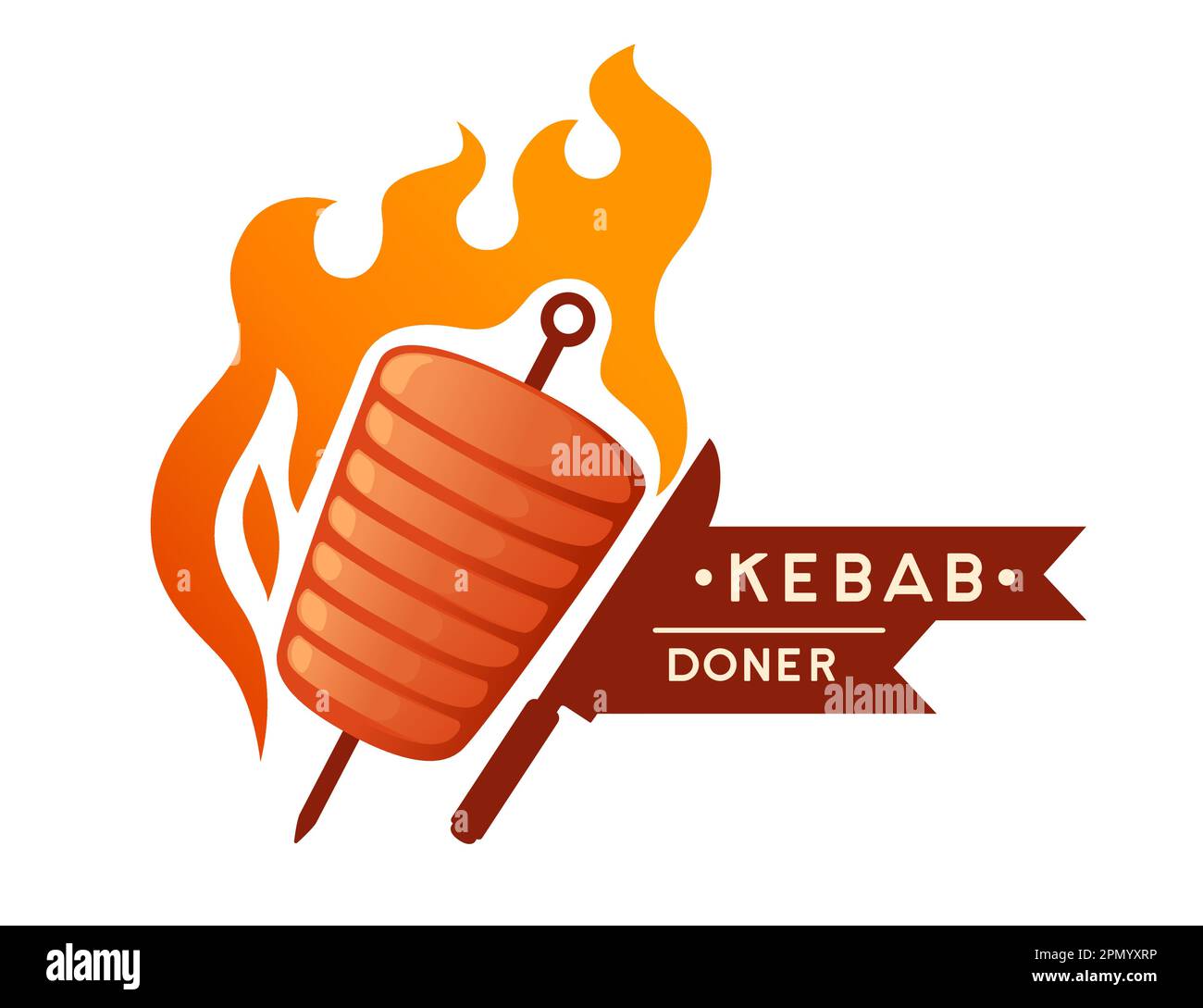Kebab-Grillfleisch mit Spieß und Feuerlogos, Vektordarstellung auf weißem Hintergrund Stock Vektor