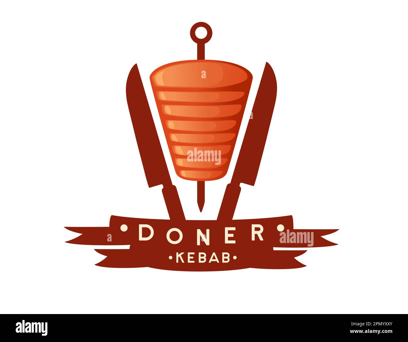 Kebab-Grillfleisch mit Spieß und Messern Logo-Vektordarstellung auf weißem Hintergrund Stock Vektor