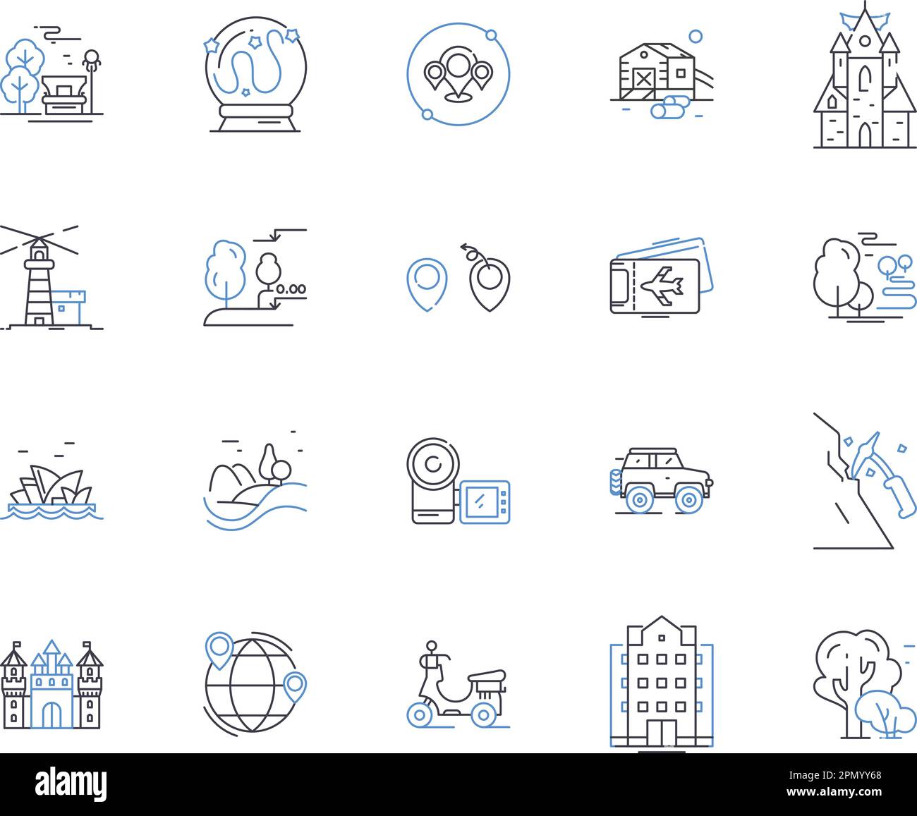 Die Symbolsammlung des Reiseveranstalters. Tour, Veranstalter, Reise, Agentur, Urlaub, Trip, Guide Vector und Illustration Concept Set. Abenteuer, Pakete Stock Vektor