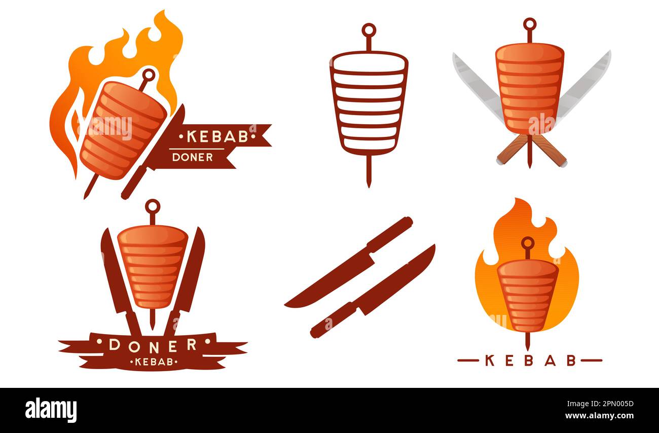 Set aus Kebab-Grillfleisch mit Spieß und Messern Logo-Vektordarstellung auf weißem Hintergrund Stock Vektor