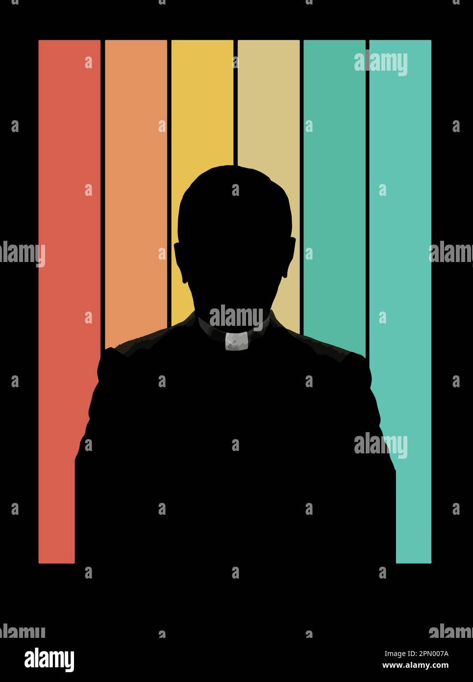 Ein katholischer Priester steht vor mehrfarbigen Streifen in einem Vektorbild über den Klerus in der katholischen Kirche. Stock Vektor