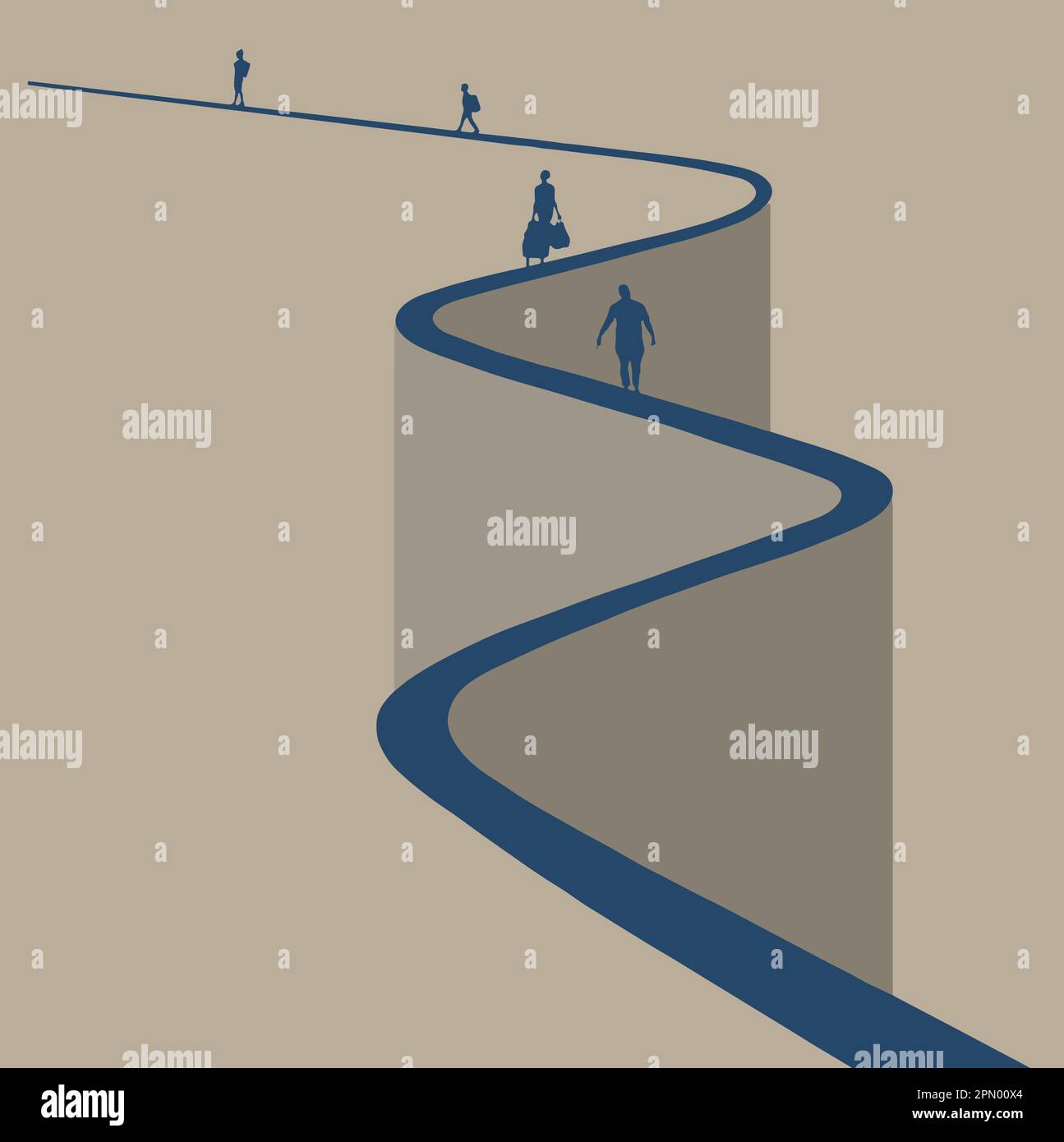 Menschen gehen eine lange kurvenreiche Straße entlang in einer Vektorzeichnung. Stock Vektor