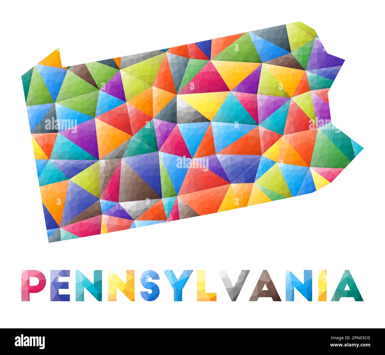 Pennsylvania – farbenfrohe, niedrige Poly-Form des US-Bundesstaates. Mehrfarbige geometrische Dreiecke. Modernes, trendiges Design. Vektorabbildung. Stock Vektor
