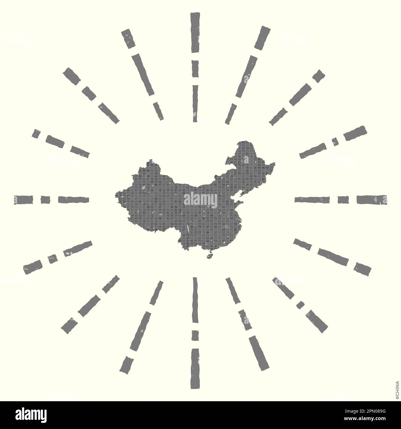 China-Logo. Grunge Sunburst Poster mit Landkarte. Form von China gefüllt mit Hexziffern mit Sonnenstrahlen herum. Stock Vektor
