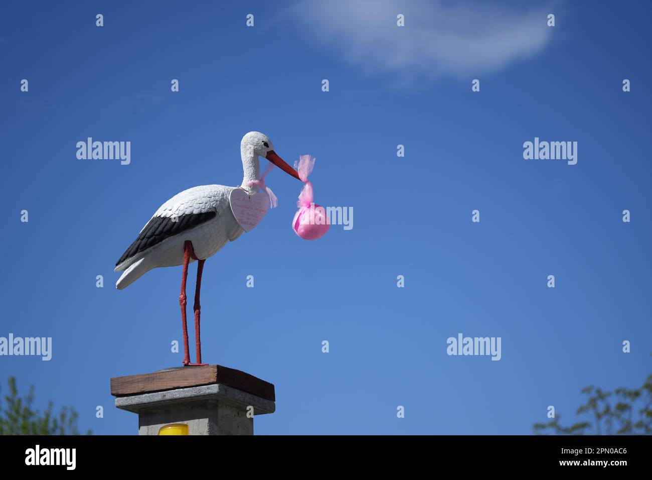 Weißer Storch verkündet die Geburt eines kleinen Mädchens. Geburt eines Neugeborenen Stockfoto