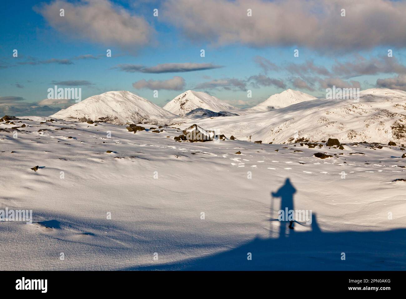 Schatten von Mensch und Hund, die auf schneebedeckte Berggipfel schauen, gesehen von Dubh Bheinn, Paps von Jura, Insel Jura, innere Hebriden, Schottland, Vereint Stockfoto