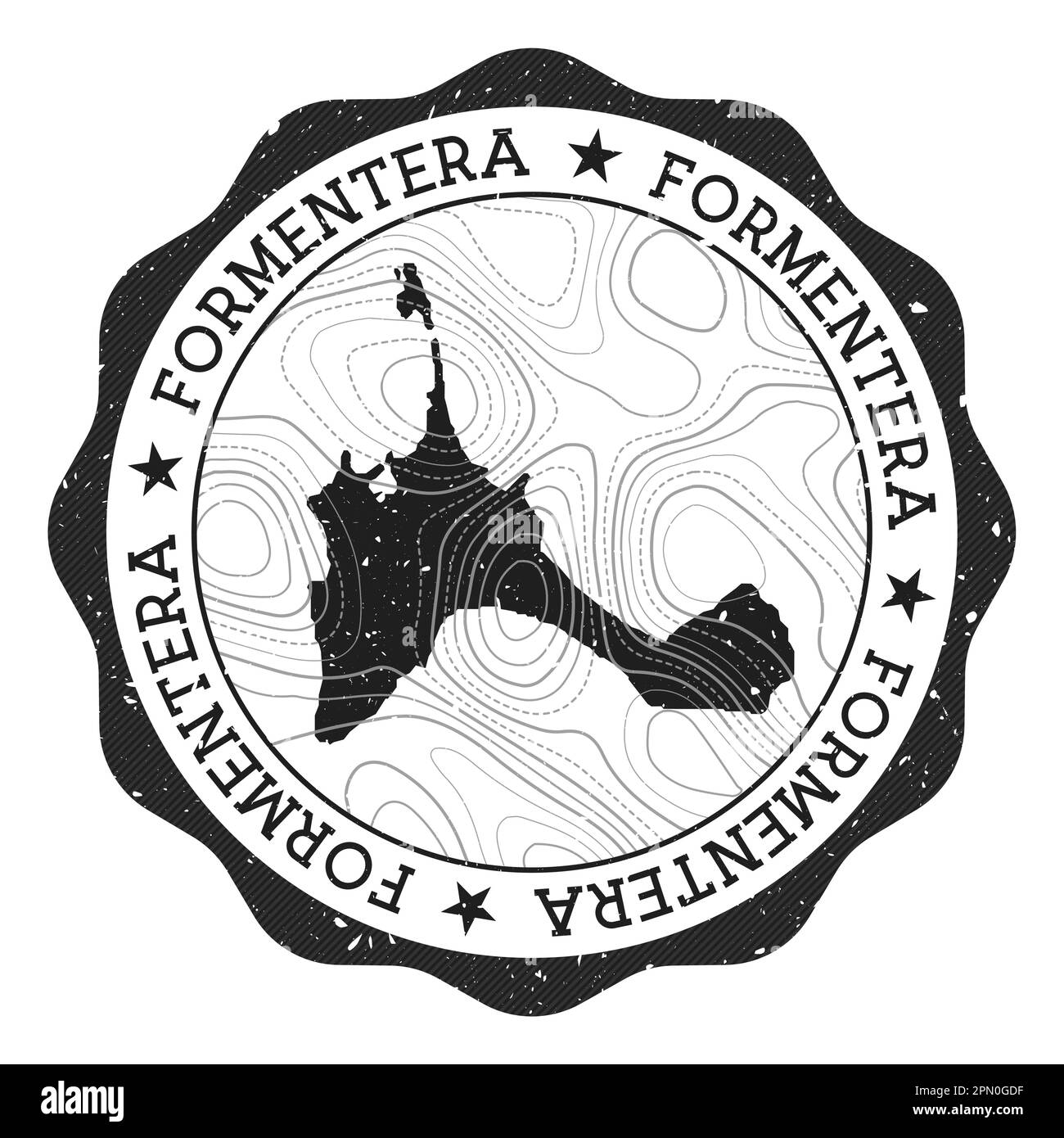 Formentera-Stempel für den Außenbereich. Runder Aufkleber mit Landkarte der Insel mit topographischen Isolinien. Vektorabbildung. Stock Vektor