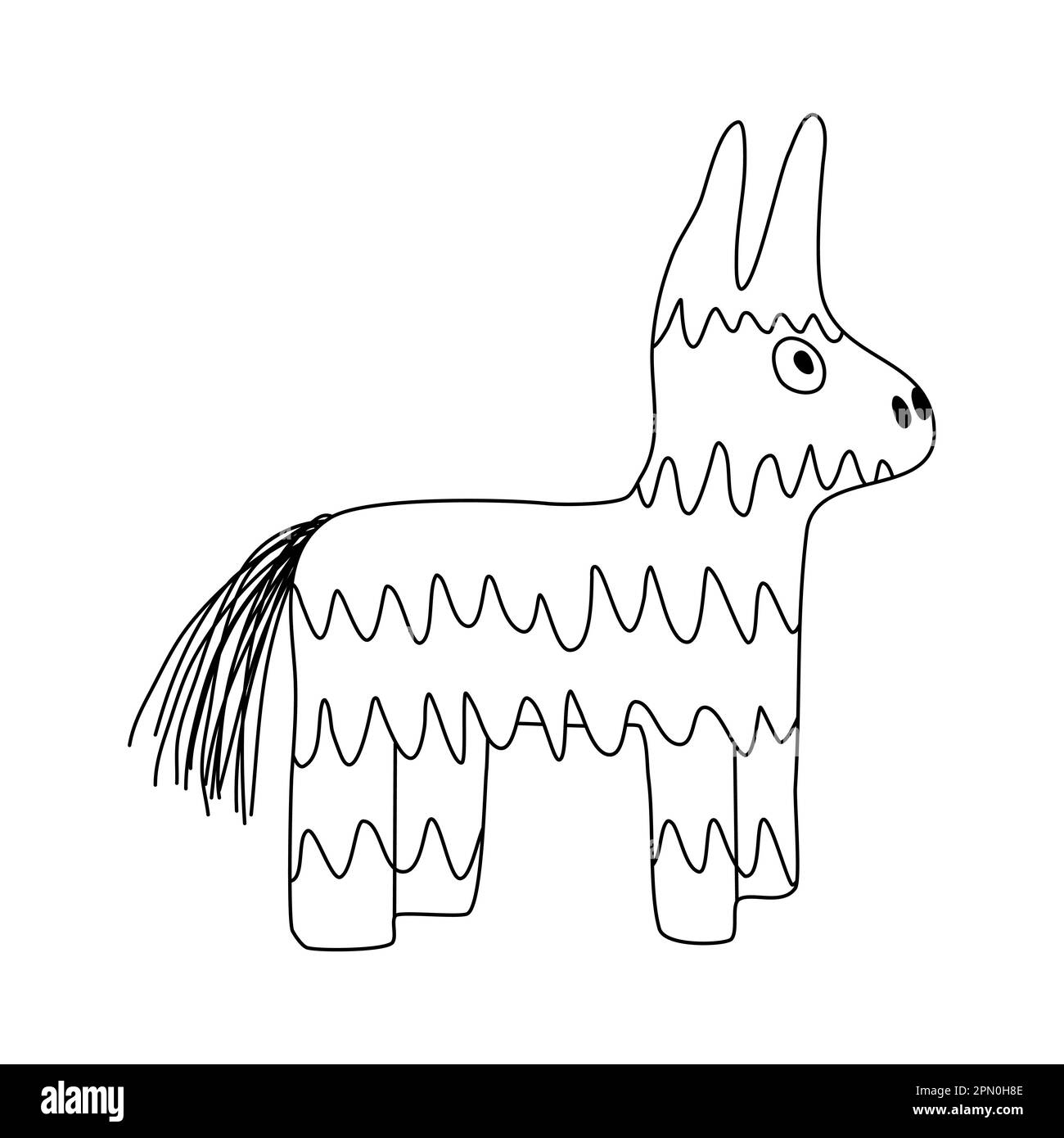 Mexikanischer Pinata-Esel oder Lama, farbenfrohes Spielzeug mit Leckereien für Kindergeburtstage oder Partyfeier, flache Vektorzeichnung im Kritzelstil für Kinder Malbuch Stock Vektor