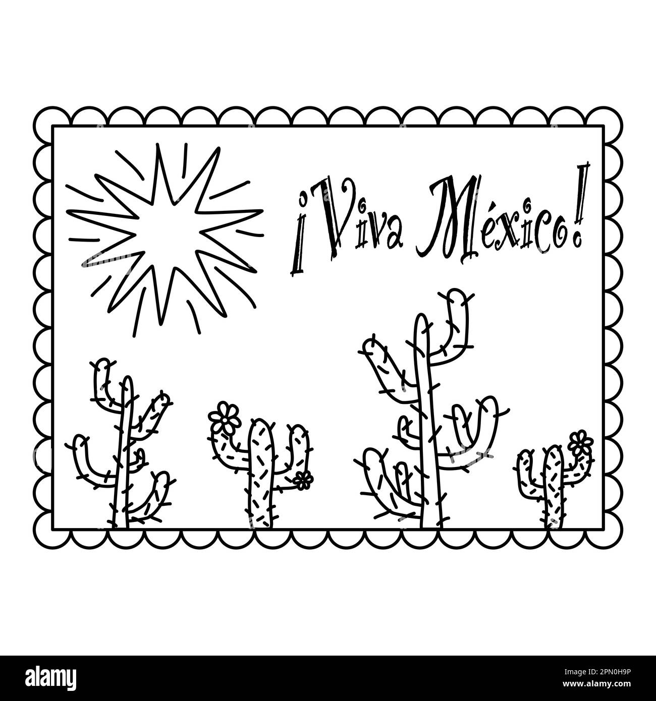 Postkarte oder Grußkarte mit Kaktus, Sonne und Viva Mexiko Text, Kritzelstil flache Vektorzeichnung für Kinder Malbuch Stock Vektor