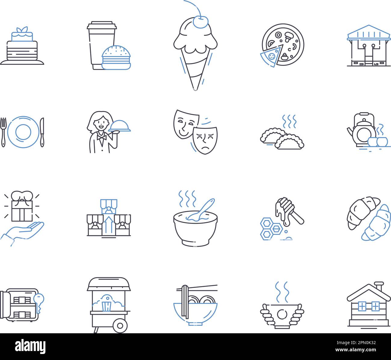 Bäckerei-Outline-Icons-Sammlung. Bäckerei, Geschäft, Kuchen, Brot, Gebäck, Doughnut-, Cookie-Vektor- und Illustrationskonzept-Set. Kuchen, Muffin Stock Vektor