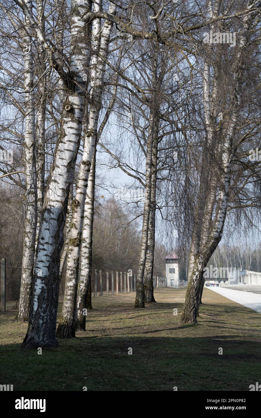 Wachstadt und Umzäunung in der Nähe des Haupteingangs zum Konzentrationslager Dachau Stockfoto