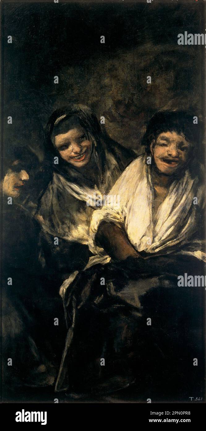 Mann verspottet von Two Women (1819-1823), gemalt vom spanischen Maler Francisco Goya. Dies ist eines der 14 "Schwarzen Gemälde ", eine Serie von 14 sehr dunklen und gespenstischen Gemälden, die aus der Zeit stammen, als der Künstler in seinen 70s Jahren von körperlichen und psychischen Gesundheitsproblemen befallen war und von einer Angst vor dem Alter und der Angst vor dem Wahnsinn gequält wurde. Stockfoto