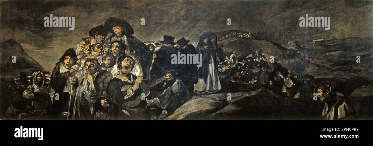 Wallfahrt zum Brunnen San Isidro (1819-1823), gemalt vom spanischen Maler Francisco Goya. Dies ist eines der 14 "Schwarzen Gemälde ", eine Serie von 14 sehr dunklen und gespenstischen Gemälden, die aus der Zeit stammen, als der Künstler in seinen 70s Jahren von körperlichen und psychischen Gesundheitsproblemen befallen war und von einer Angst vor dem Alter und der Angst vor dem Wahnsinn gequält wurde. Stockfoto