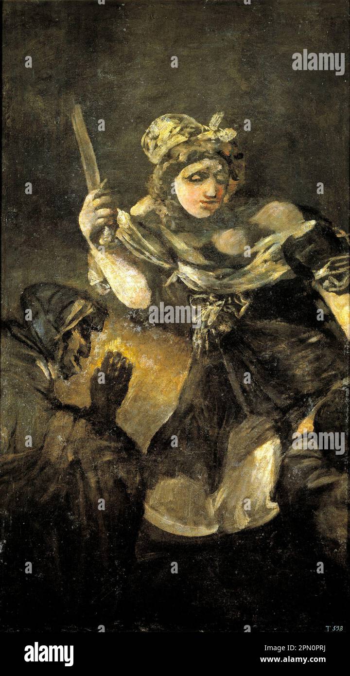 Judith und Holofernes (1819–1823), gemalt vom spanischen Maler Francisco Goya. Dies ist eines der 14 "Schwarzen Gemälde ", eine Serie von 14 sehr dunklen und gespenstischen Gemälden, die aus der Zeit stammen, als der Künstler in seinen 70s Jahren von körperlichen und psychischen Gesundheitsproblemen befallen war und von einer Angst vor dem Alter und der Angst vor dem Wahnsinn gequält wurde. Stockfoto
