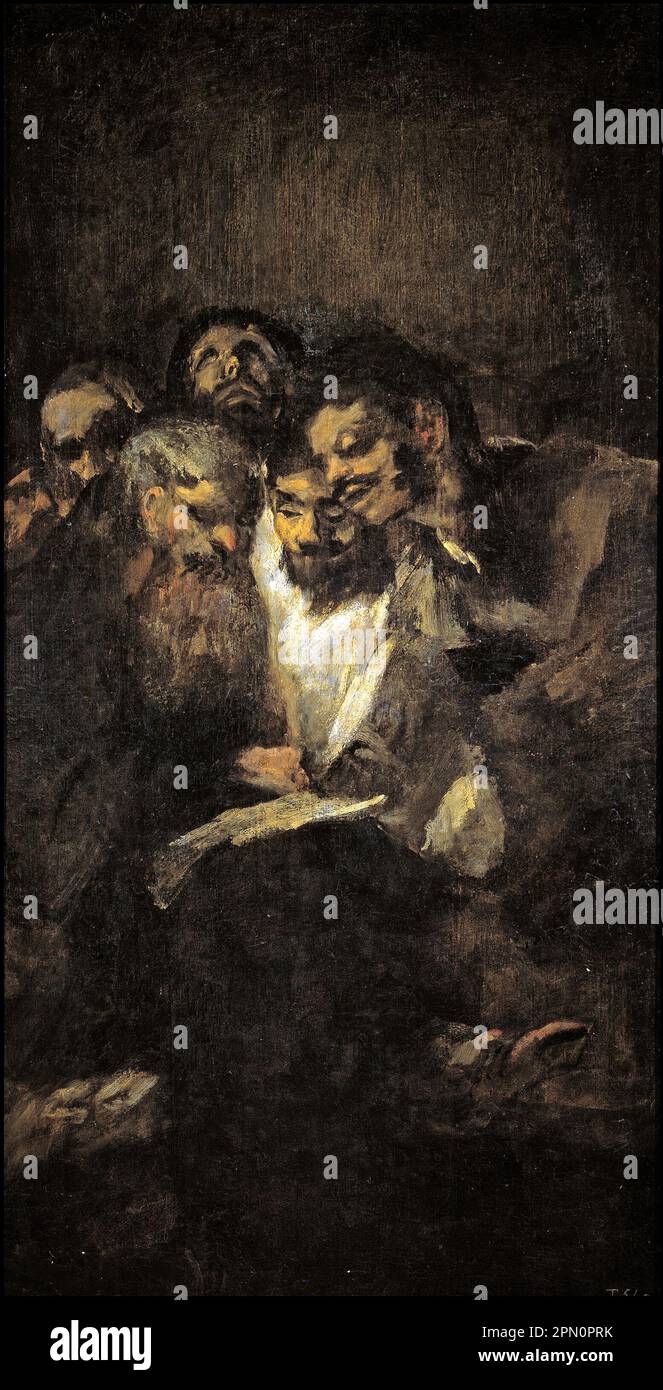 Men Reading (1819-1823), gemalt vom spanischen Maler Francisco Goya. Dies ist eines der 14 "Schwarzen Gemälde ", eine Serie von 14 sehr dunklen und gespenstischen Gemälden, die aus der Zeit stammen, als der Künstler in seinen 70s Jahren von körperlichen und psychischen Gesundheitsproblemen befallen war und von einer Angst vor dem Alter und der Angst vor dem Wahnsinn gequält wurde. Stockfoto