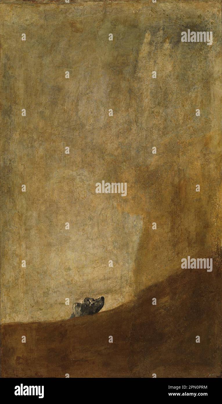 Der Hund (1819–1823), gemalt vom spanischen Maler Francisco Goya. Dies ist eines der 14 "Schwarzen Gemälde ", eine Serie von 14 sehr dunklen und gespenstischen Gemälden, die aus der Zeit stammen, als der Künstler in seinen 70s Jahren von körperlichen und psychischen Gesundheitsproblemen befallen war und von einer Angst vor dem Alter und der Angst vor dem Wahnsinn gequält wurde. Stockfoto