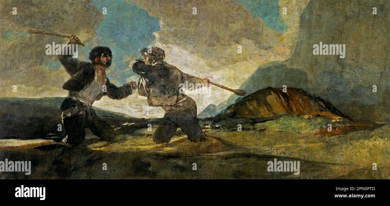 Kämpfe mit den vom spanischen Maler Francisco Goya gemalten Cudgels (1819–1823). Dies ist eines der 14 "Schwarzen Gemälde ", eine Serie von 14 sehr dunklen und gespenstischen Gemälden, die aus der Zeit stammen, als der Künstler in seinen 70s Jahren von körperlichen und psychischen Gesundheitsproblemen befallen war und von einer Angst vor dem Alter und der Angst vor dem Wahnsinn gequält wurde. Stockfoto