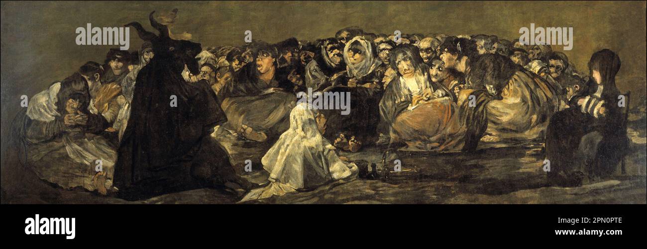 Hexensabbat (1819-1823), gemalt vom spanischen Maler Francisco Goya. Dies ist eines der 14 "Schwarzen Gemälde ", eine Serie von 14 sehr dunklen und gespenstischen Gemälden, die aus der Zeit stammen, als der Künstler in seinen 70s Jahren von körperlichen und psychischen Gesundheitsproblemen befallen war und von einer Angst vor dem Alter und der Angst vor dem Wahnsinn gequält wurde. Stockfoto