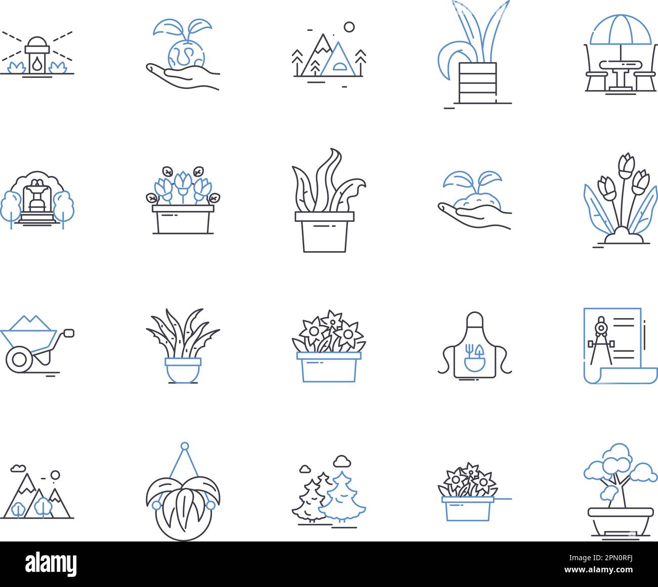 Kollektion mit Symbolen für Garten- und Designumrisse. Landschaftsbau, Gartenbau, Innenraum, Außenbereich, Architektur, Design, Vektor und Illustration im Freien Stock Vektor
