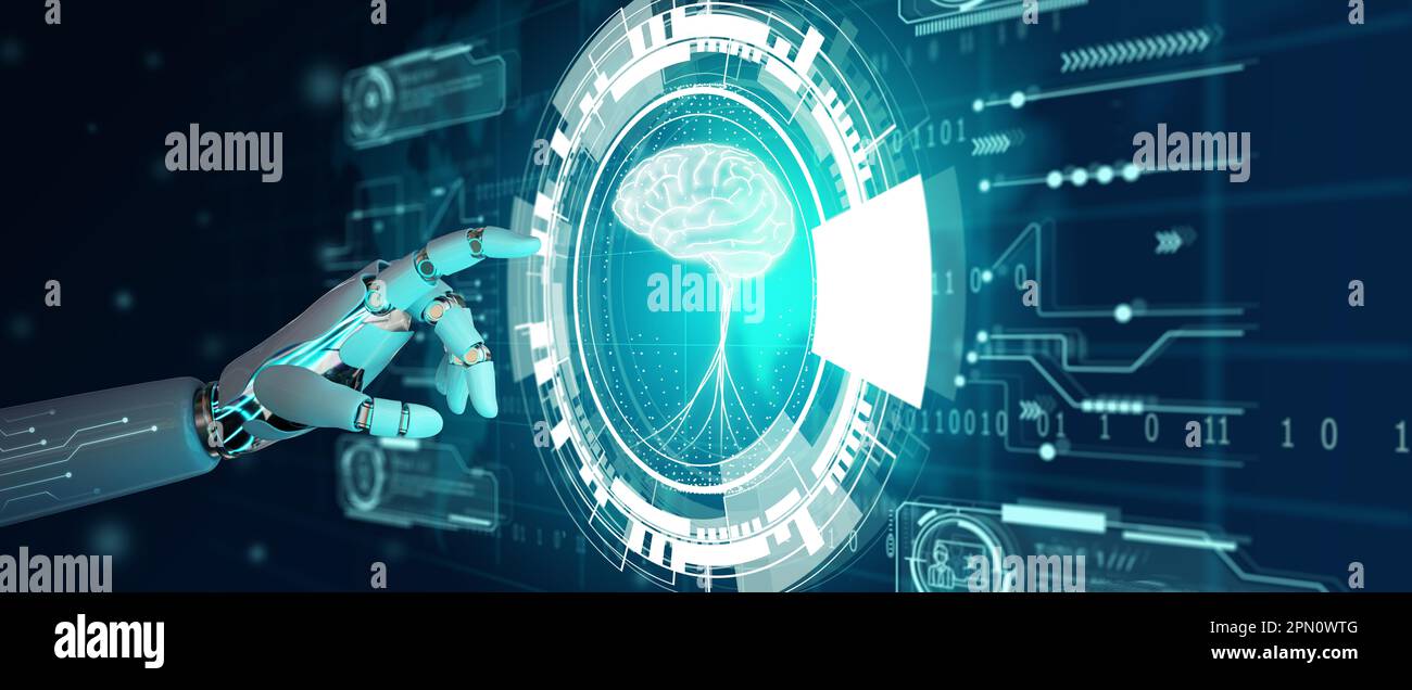 Hand des Roboters berührt Hologrammbildschirm mit Weltkarte-Hintergrund. NLP Natural Language Processing kognitive Computing-Technologie und Ai-Technologie. Stockfoto