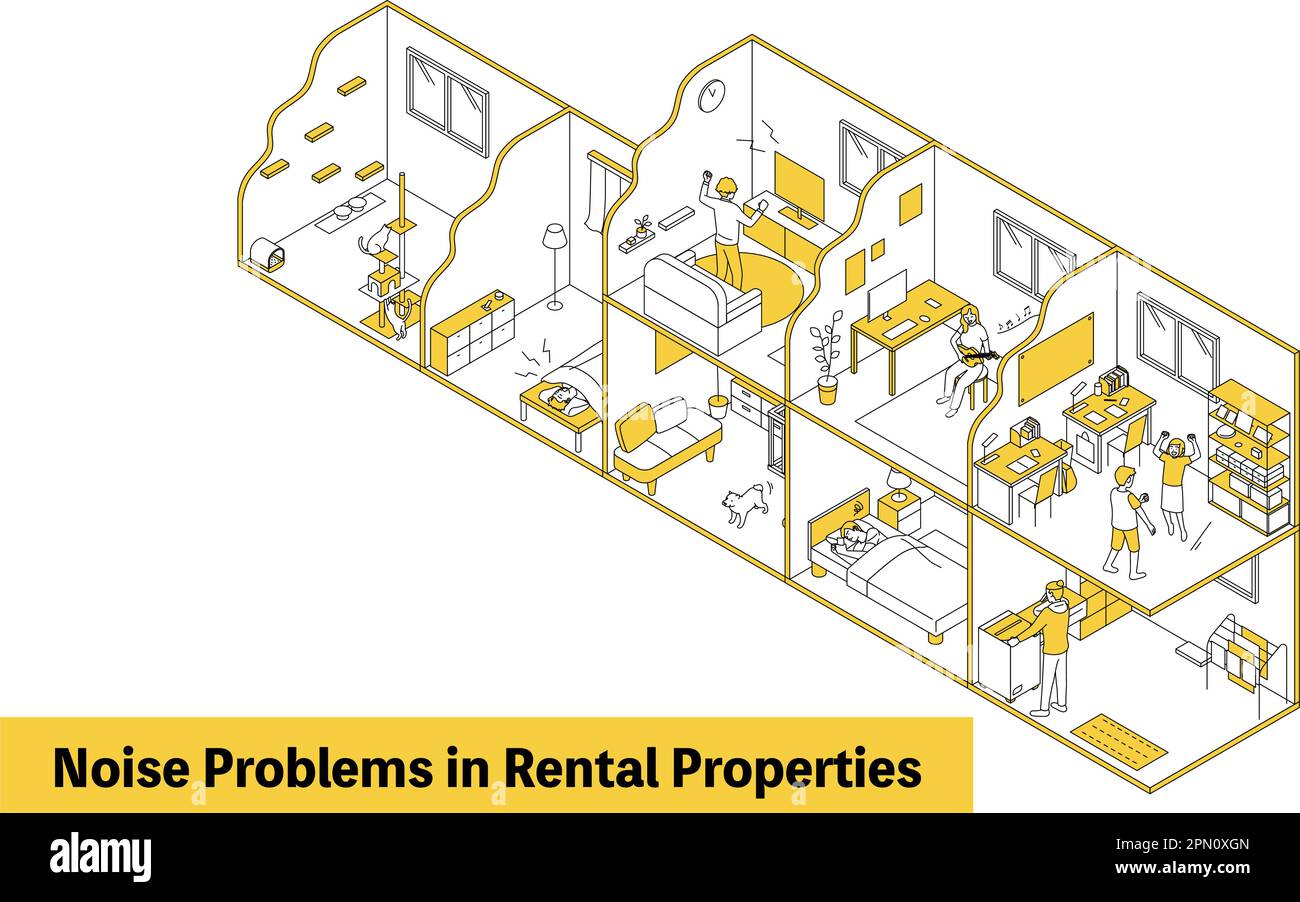 Lärmprobleme in Mietwohnungen: Lärm aus Wohnungen und Wohnungen, Vector Illustration Stock Vektor