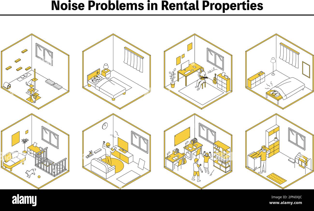 Lärmprobleme in Mietwohnungen: Lärm aus Wohnungen und Wohnungen, Vector Illustration Stock Vektor