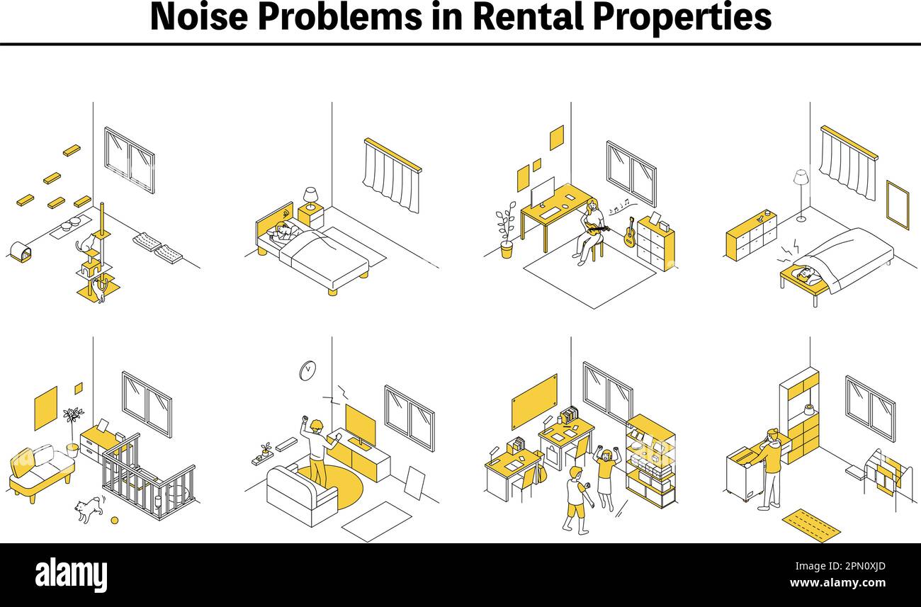 Lärmprobleme in Mietwohnungen: Lärm aus Wohnungen und Wohnungen, Vector Illustration Stock Vektor