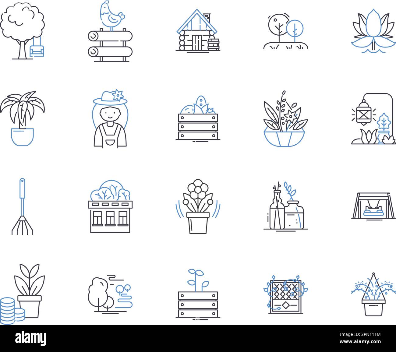 Kollektion mit Symbolen für Garten- und Designumrisse. Landschaftsbau, Gartenbau, Innenraum, Außenbereich, Architektur, Design, Vektor und Illustration im Freien Stock Vektor